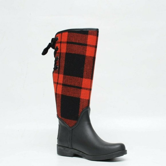 Coach Tristee Rain Boots Red Black Buffalo Plaid Tartan Womens 6B Lace Up Rubber - Picture 2 of 9